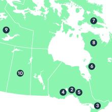 Stylized map of Canada showing provincial and territorial boundaries with numbered location markers placed across different regions of the country.