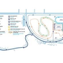 Map of the Snow Pentathlon showing running, skiing, skating, snowshoeing, and cycling routes, with start and finish areas, transition zones, service points, and spectator zones clearly marked.