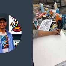 on the left a photo of Kevin Belmore in a circle. On the right a photo of his paints and work