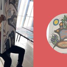 on the left Kevin Belmore signing a painting. On the right a photo of a custom piece in a circle
