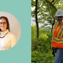 on the left a circle photo of Roseline and on the right a photo of her working in a forest