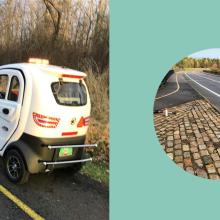 left side features a shot of the EV nano vehicle, right side features a photo of a pathway and pavement