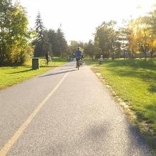 wide angle shot of the pathway being used by pedestrians and cyclists