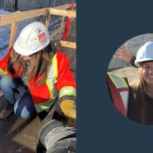 Left image Brianna is checking instrumentation. the right image she is facing the camera and smiling while wearing a hard hat