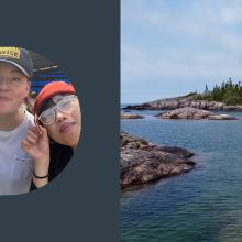 photo on the left with Brooke at oceanwise event, photo on the right is a picture of Lake Superior under a blue sky