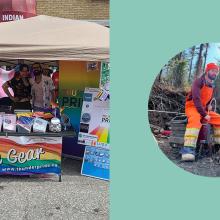 a photo of Matt at a pride event on the left, a photo of Matt in a circle on the right