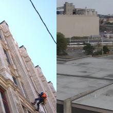 on the left, a photo of employees scaling a building in PPE. on the right, a group of employees walking on a rooftop