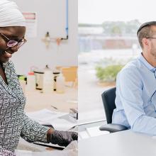 a woman working in the lab on the left, a man working at a desk on the right