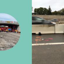 On the left a photo of an englobe team member on a construction site in a vest. on the left is a photo of a freeway with a car