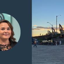 A headshot of Oliiva on the left and a photo of a construction site on the right