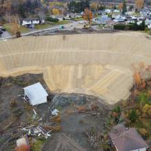 An aerial photo of the La Baie landslide completed stabilization work