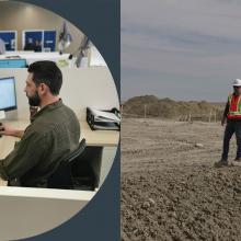 Jon Gauthier working at his desk and on a project site