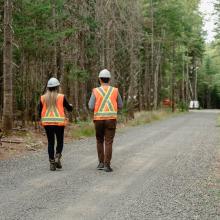  Two workers wearing "ENGLOBE" safety vests and white hard hats walk along a gravel road through a dense forest, suggesting an outdoor work environment focused on environmental assessment.
