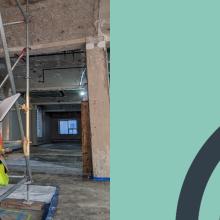 Kylie Bennett taking notes during an interior building assessment in a partially renovated commercial space.