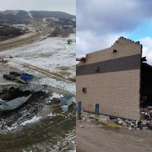 Side‑by‑side views of a rural industrial facility after a fire, showing an aerial overview of the site with a severely damaged building and surrounding access roads, alongside a ground‑level view highlighting collapsed roofing, exposed masonry walls, and debris under an overcast sky.