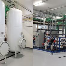Interior views of an emergency water treatment facility showing large vertical filtration tanks, interconnected industrial piping, pumps, valves, and control systems installed on a clean, finished concrete floor.